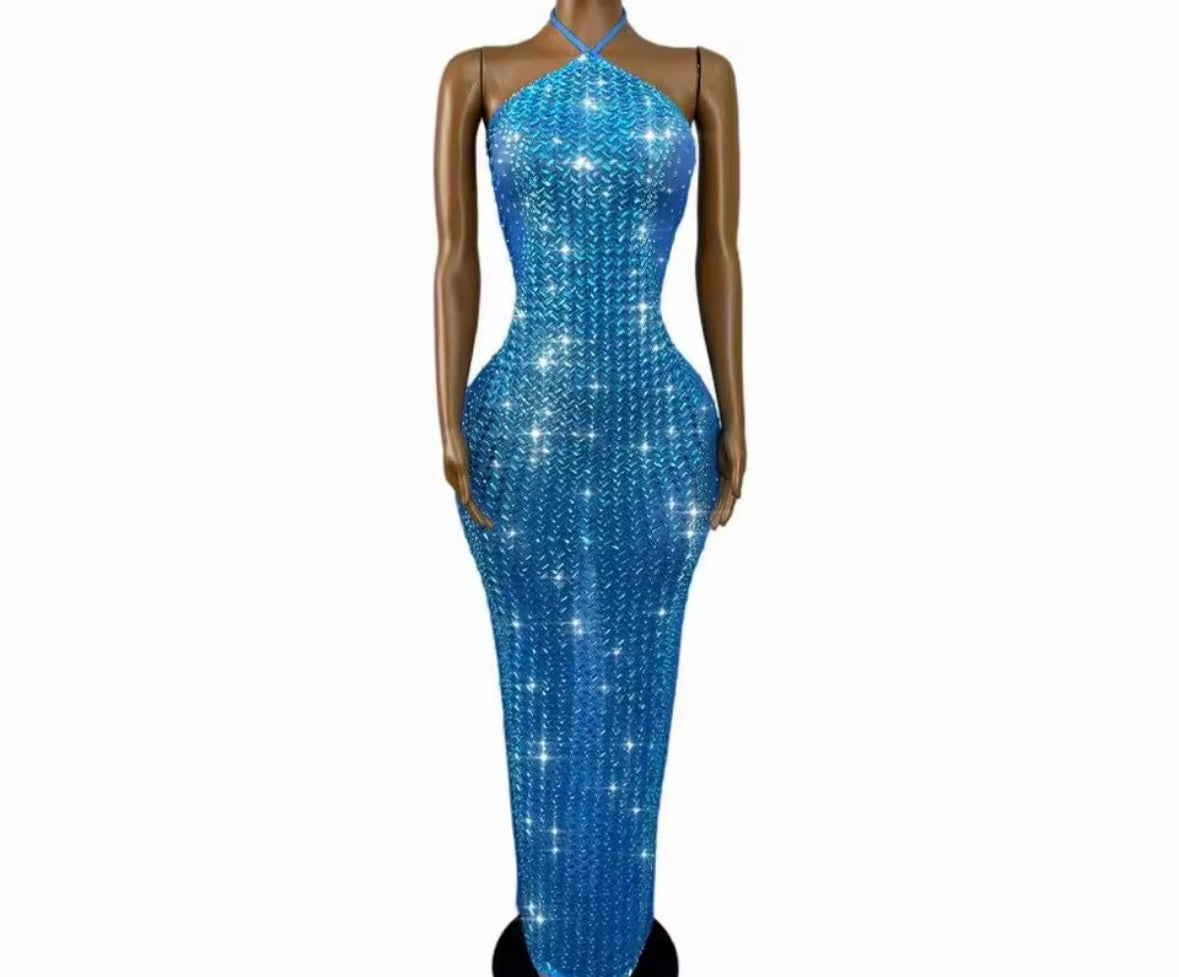 Sexy Blue Halter Sleeveless Rhinestone Maxi Dress