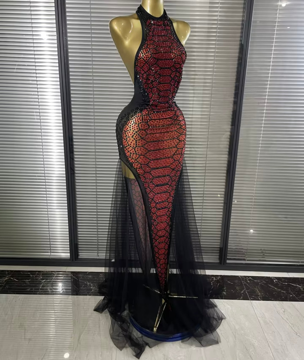 Sexy Halter Sleeveless Snake Print Rhinestone Mesh Maxi Dress