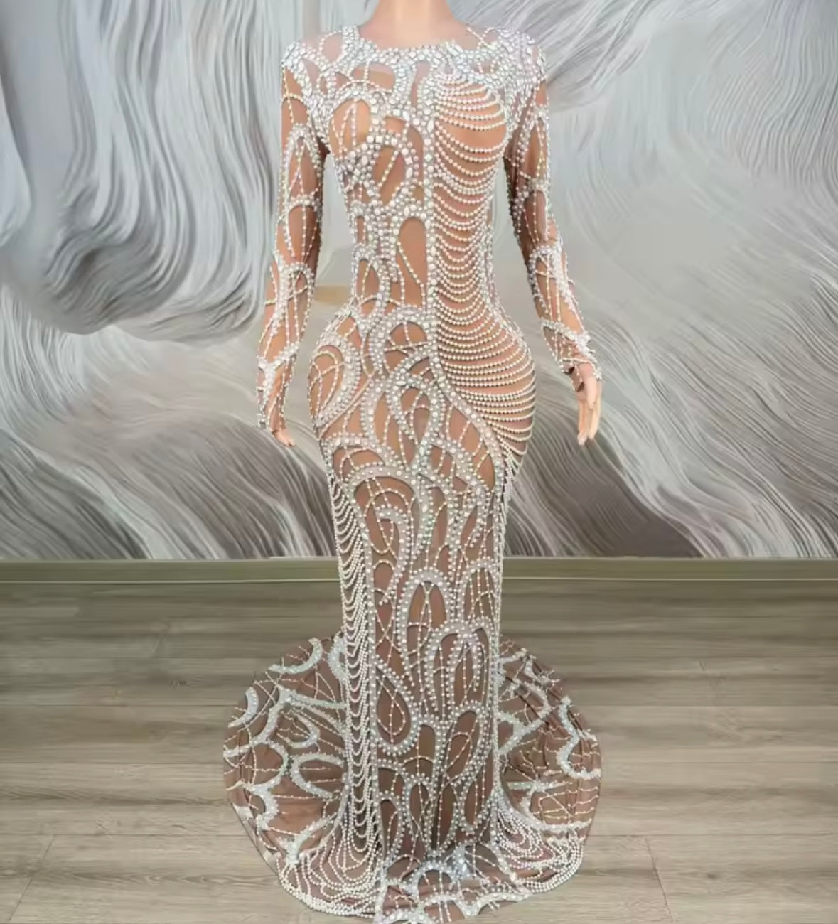 Elegant Pearl Rhinestone Embellishment Floor-Length Dress