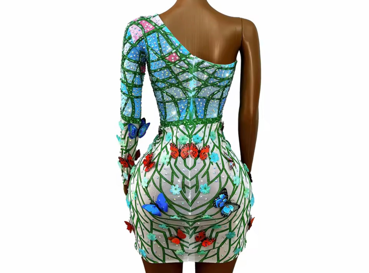 Sexy One Shoulder Full Sleeve Rhinestone Butterfly Printed Dress