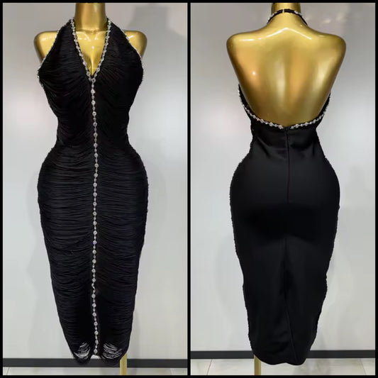 Black Rhinestone Fringe Open Back Sexy Dress