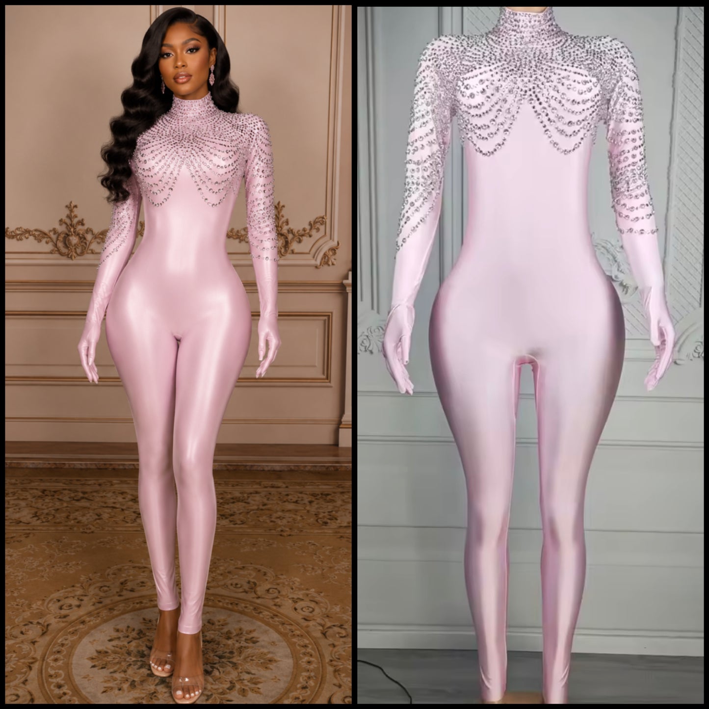 Elegant Pink Rhinestone Glove Jumpsuit