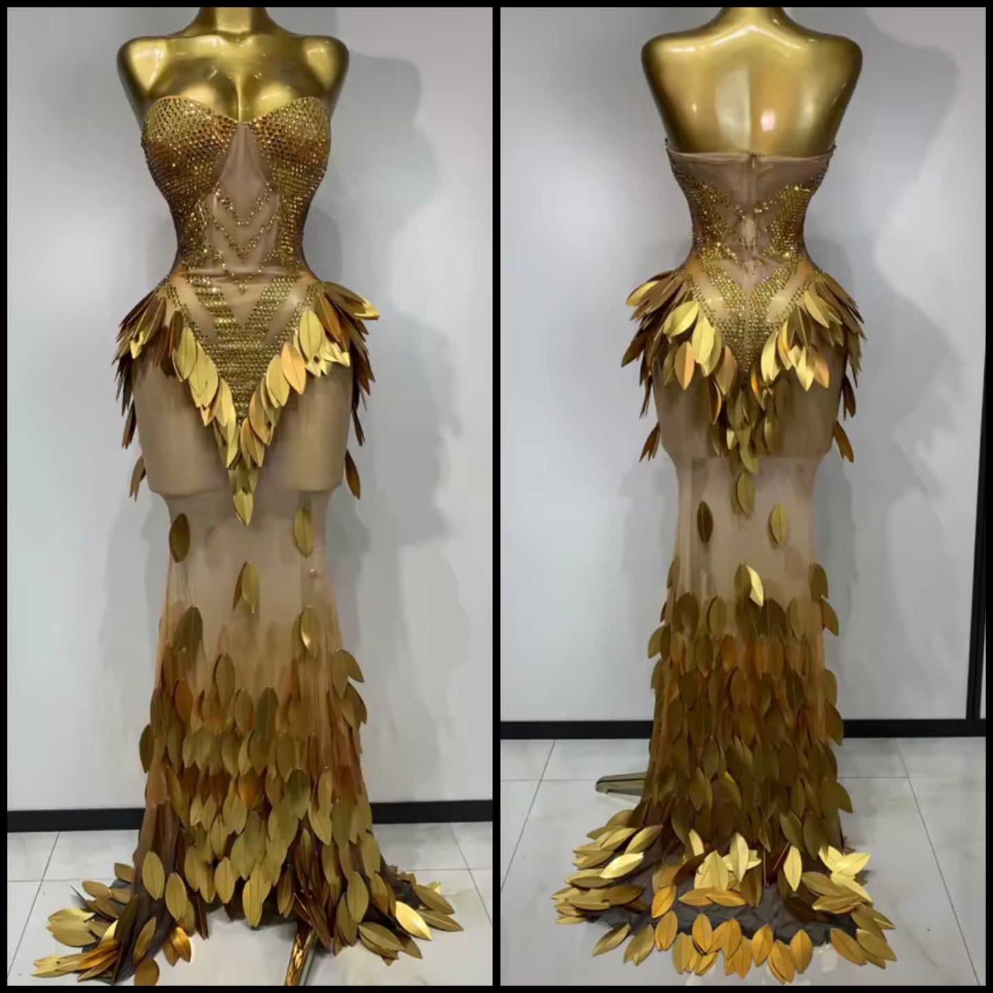 Gold Sexy Strapless Rhinestone Sequins See Through Maxi Dress