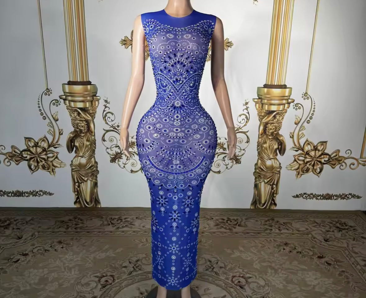 Sexy Blue Sleeveless Printed Rhinestone Maxi Dress