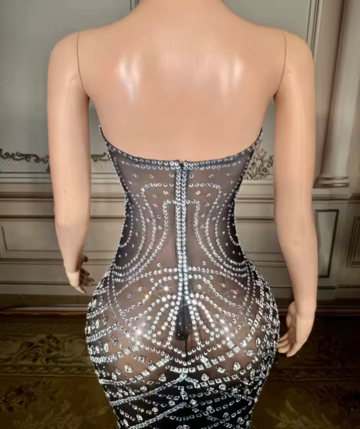 Rhinestone Embellishment Sexy Strapless See Through Maxi Dress