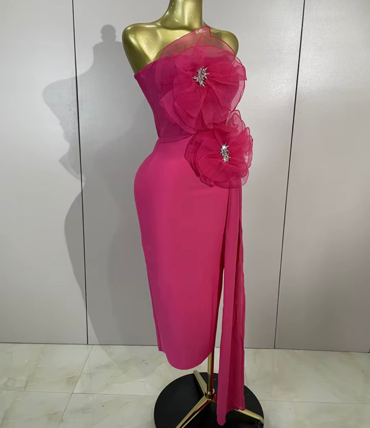 Pink Strapless Crystal Floral Tassel Dress