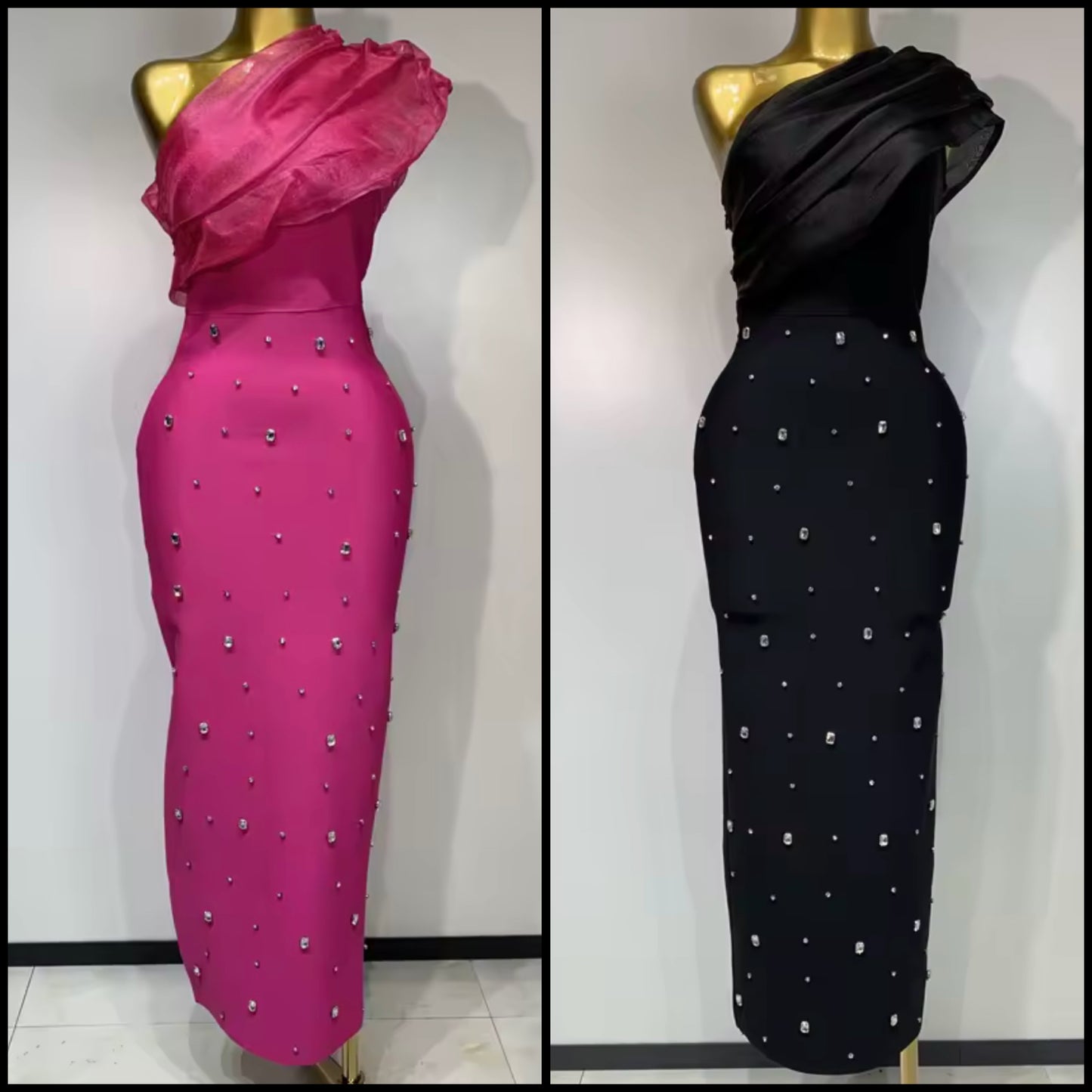One Shoulder Sleeveless Sexy Rhinestone Maxi Dress