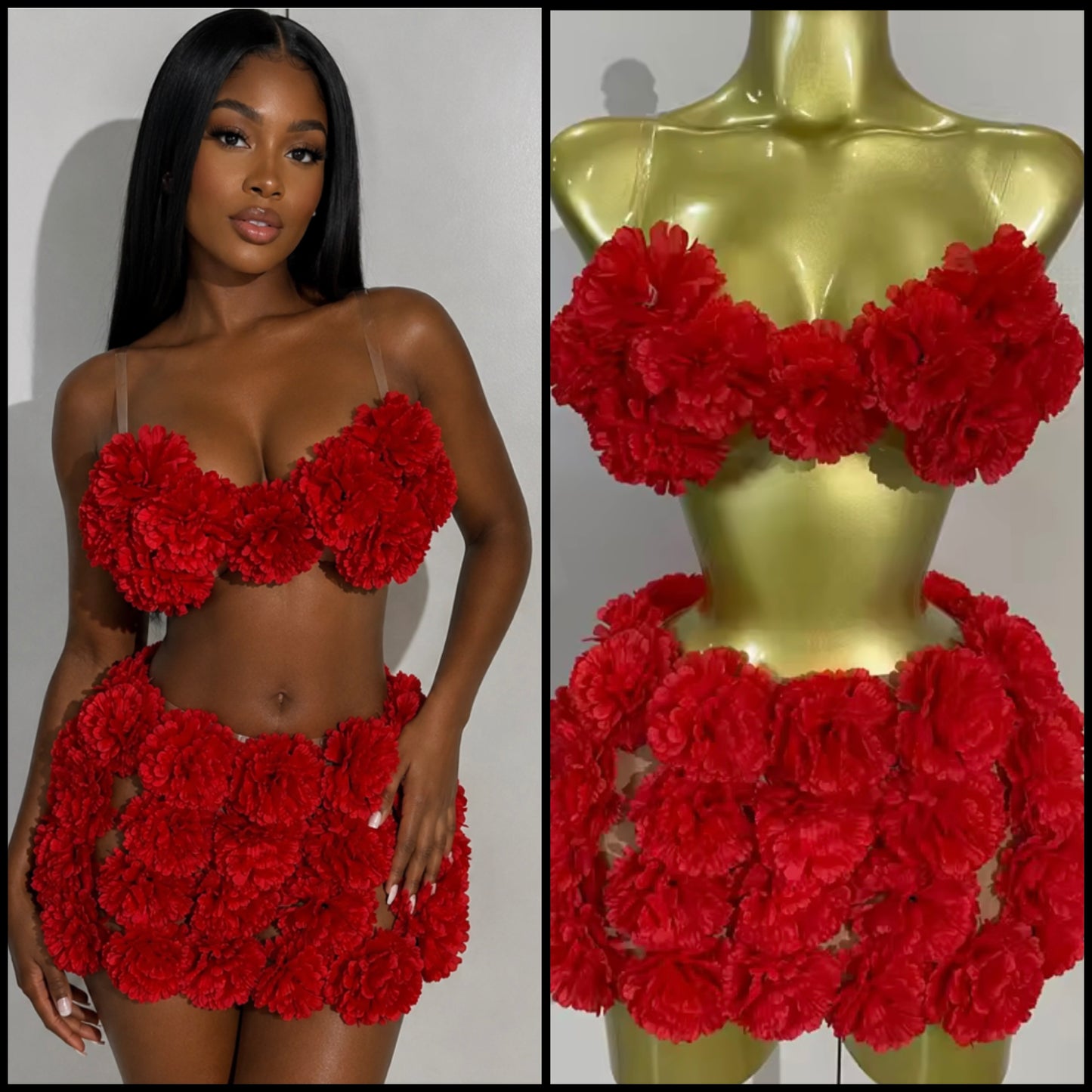Red Sexy Sleeveless Floral Chain Open Back Skirt Set