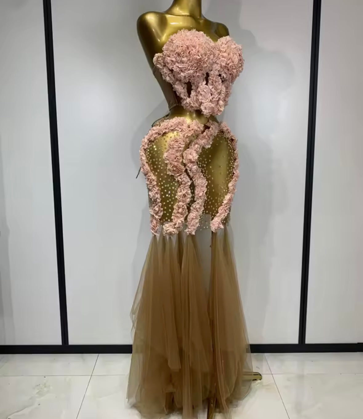 Sexy Strapless Floral Rhinestone Ruffle Floor-Length Dress