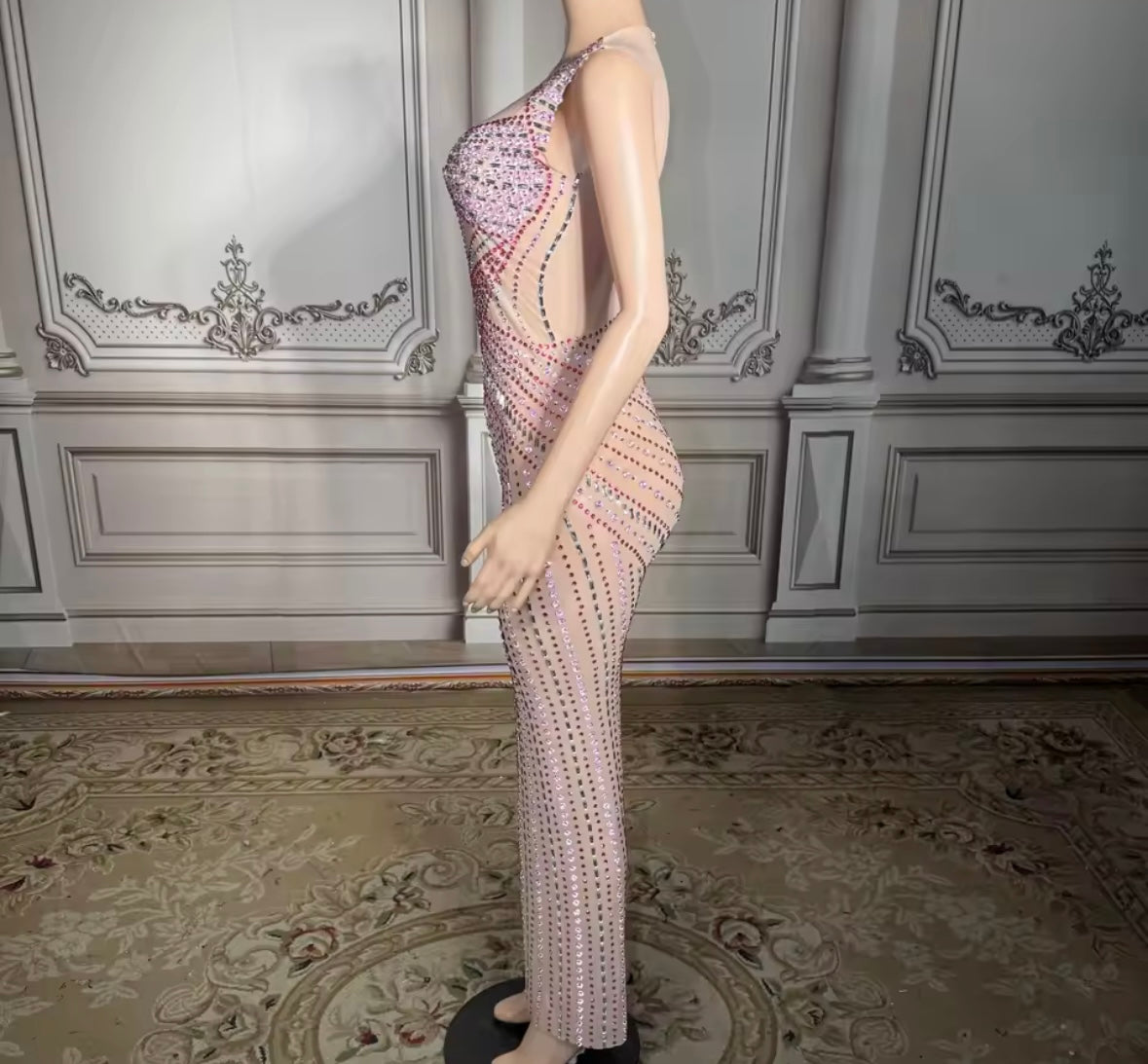 Sexy Sleeveless Color Rhinestone See Through Maxi Dress