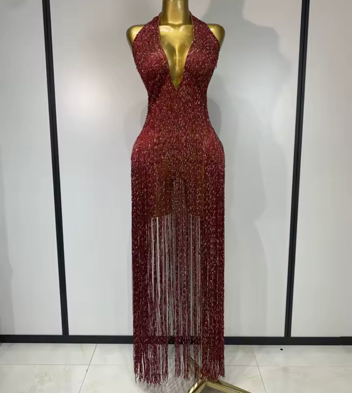 Burgundy Sexy Halter Sleeveless Fringe Tassel Maxi Dress