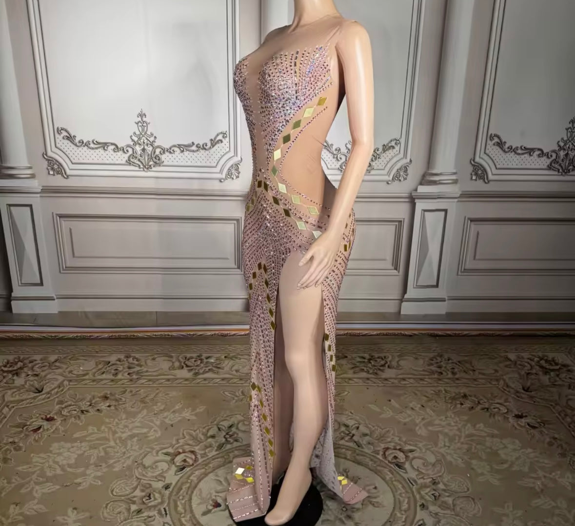 Sexy Sleeveless Rhinestone Mirror Side Split Maxi Dress
