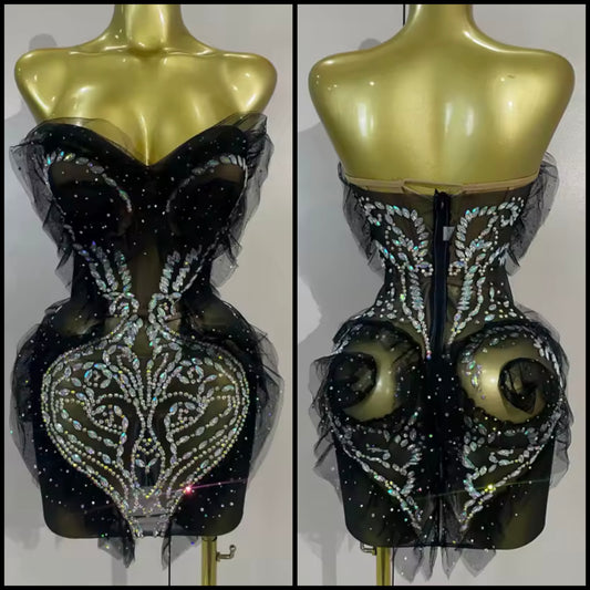 Sexy Black Strapless Sparkly Rhinestone Ruffle Dress