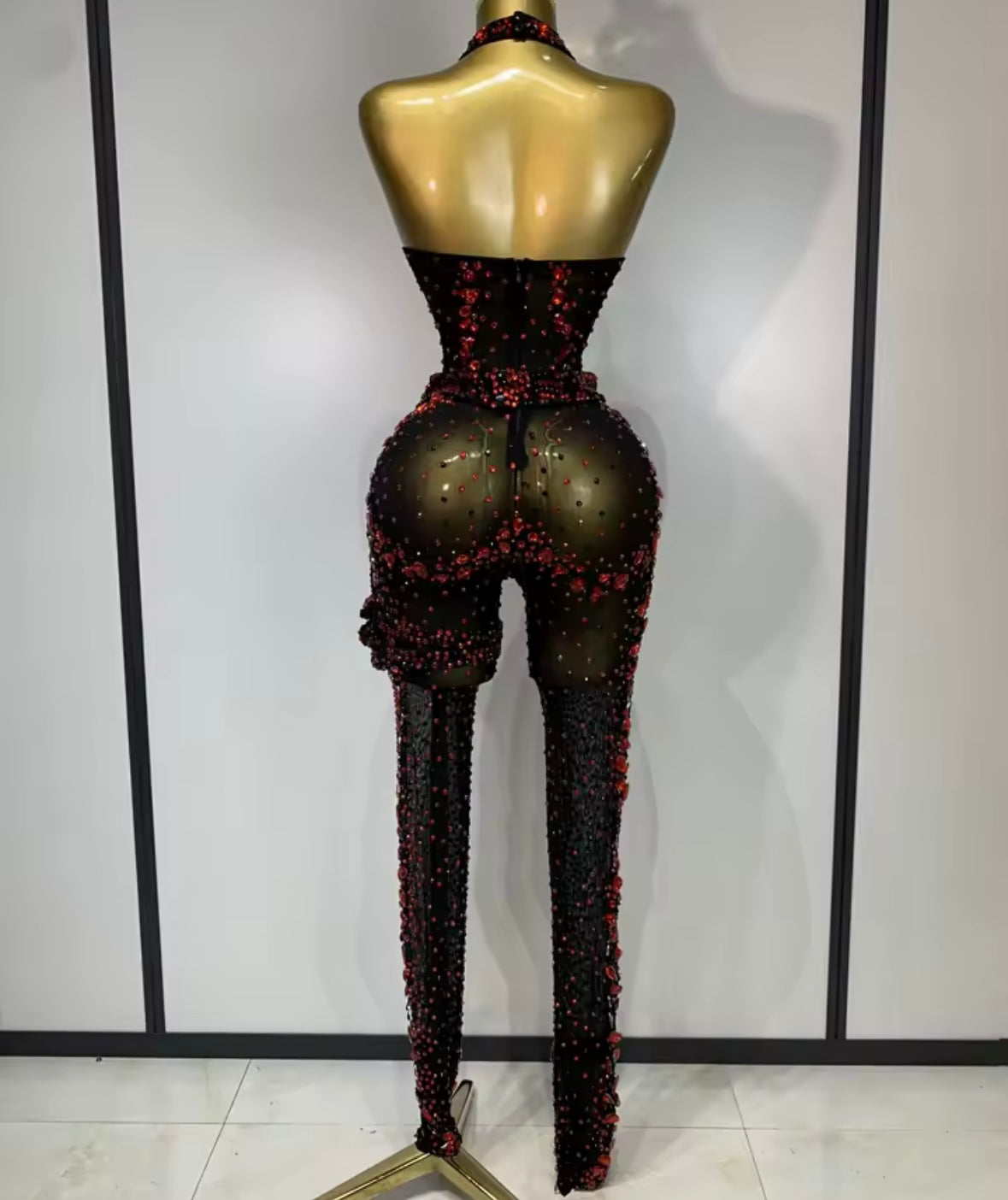 Black Sexy Halter Sleeveless Red Rhinestone See Through Jumpsuit