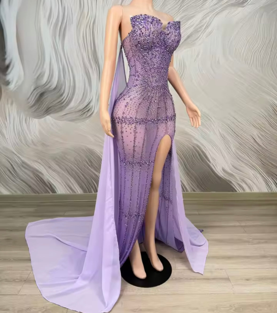 Purple Rhinestone Embellishment Side Split Mermaid Dress