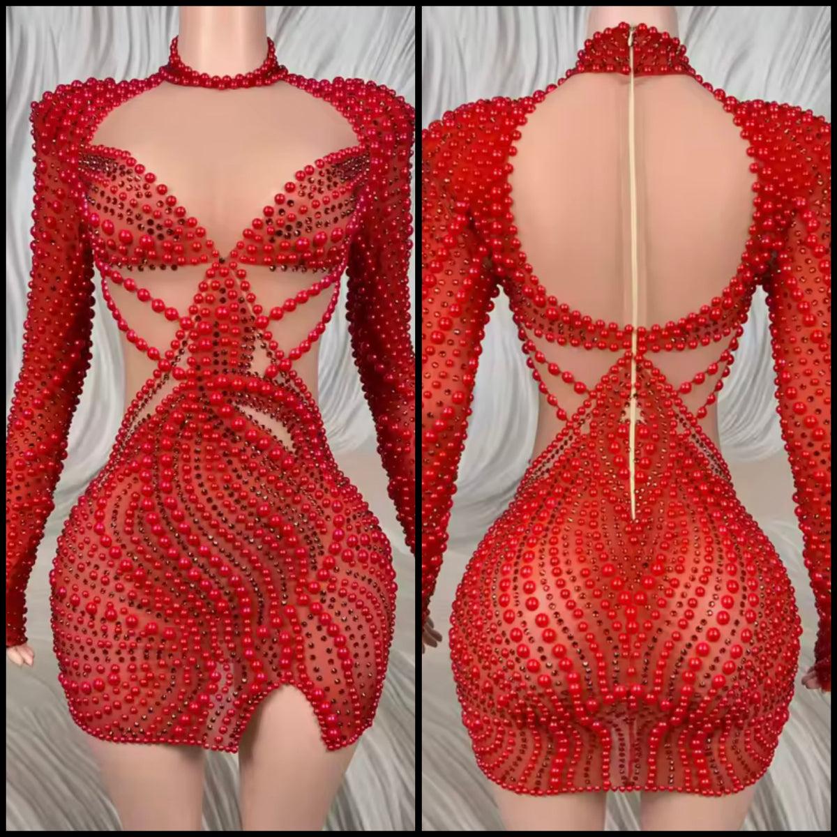 Red Sexy Beaded Rhinestone Full Sleeve Dress
