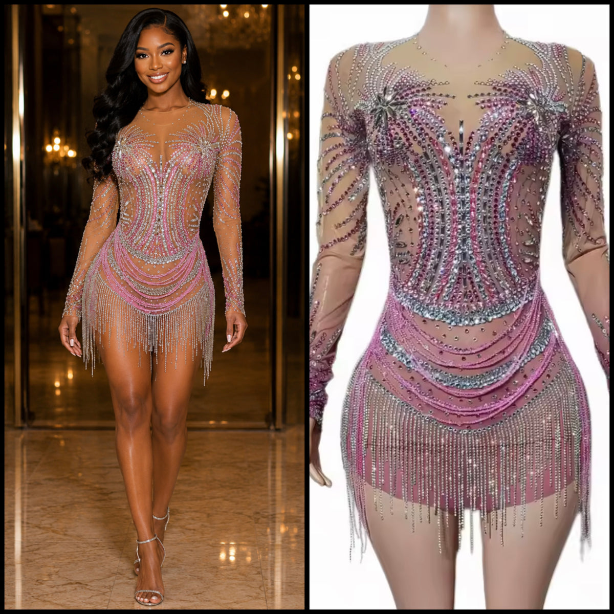 Sexy Multicolored Rhinestone Tassel Full Sleeve Short Dress