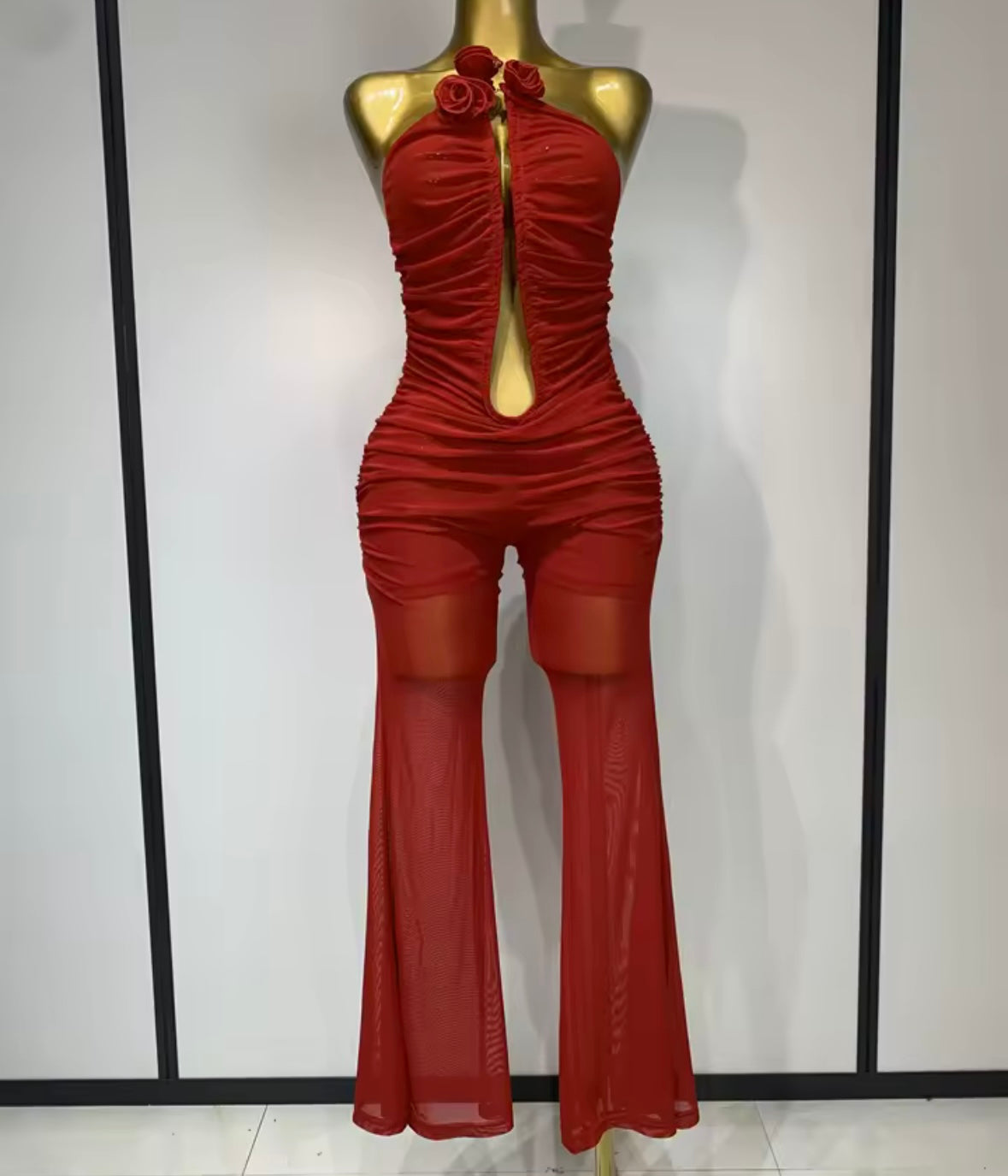 Sexy Red Rose Strapless Ruched Open Back Jumpsuit