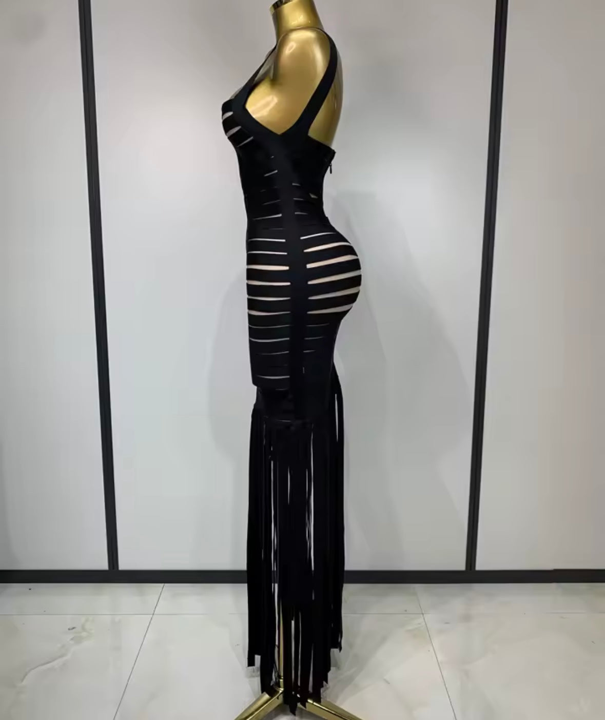 Black Sexy Sleeveless Bandage Tassel Long Dress