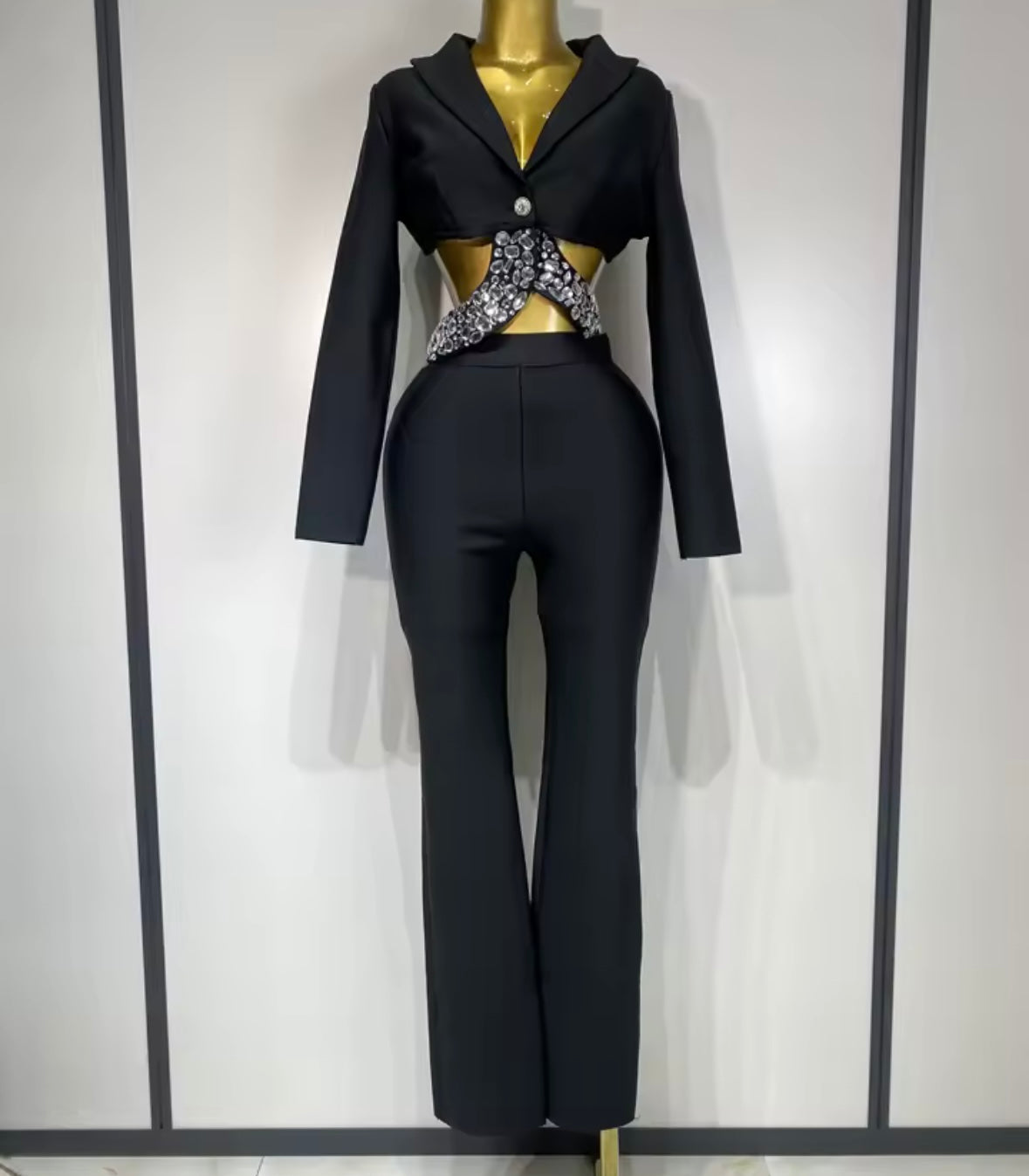 Sexy Crystal Beaded Embellished Band Blazer Two Piece Pant Set