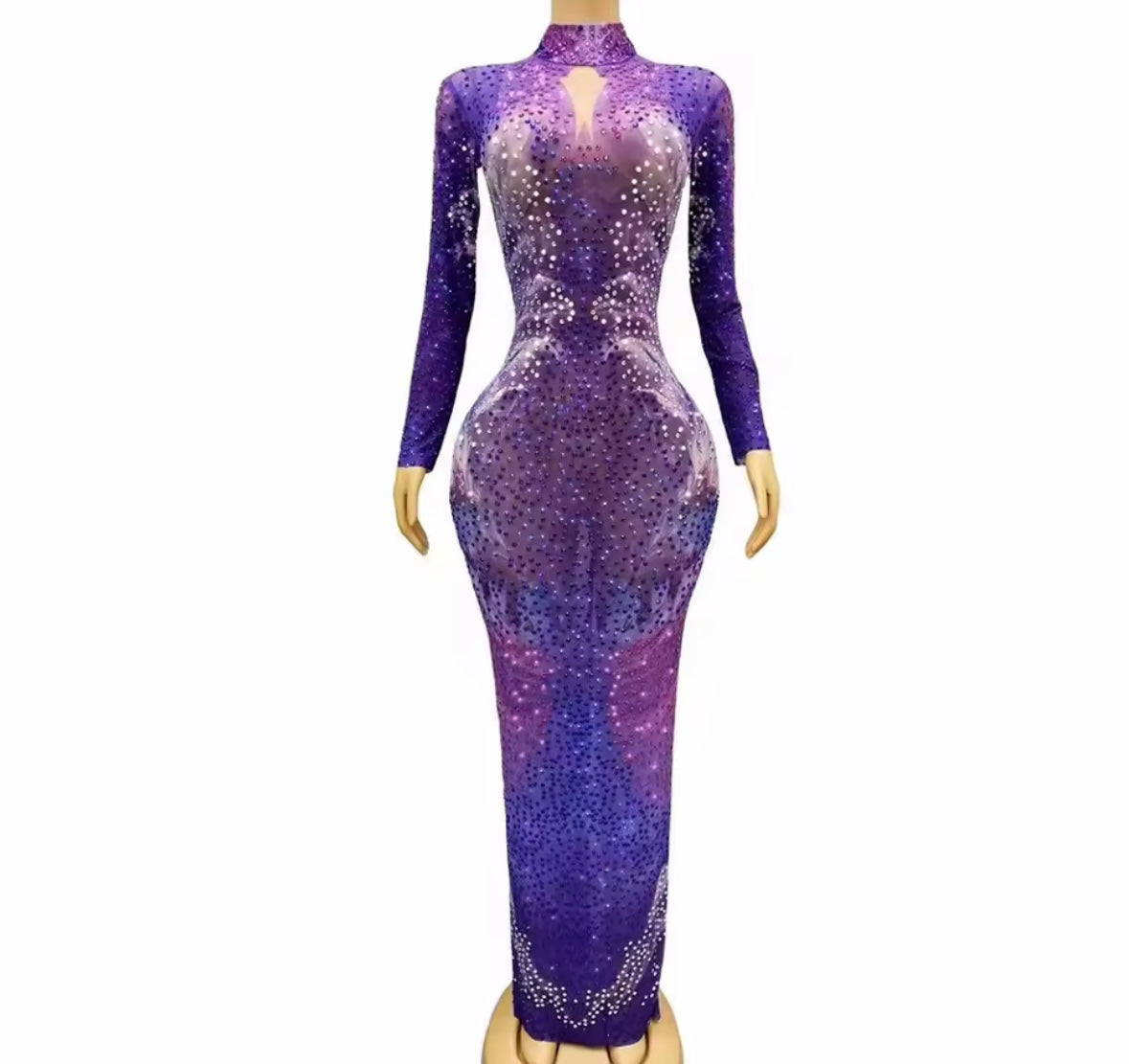 Purple Elegant Rhinestone Full Sleeve Maxi Dress