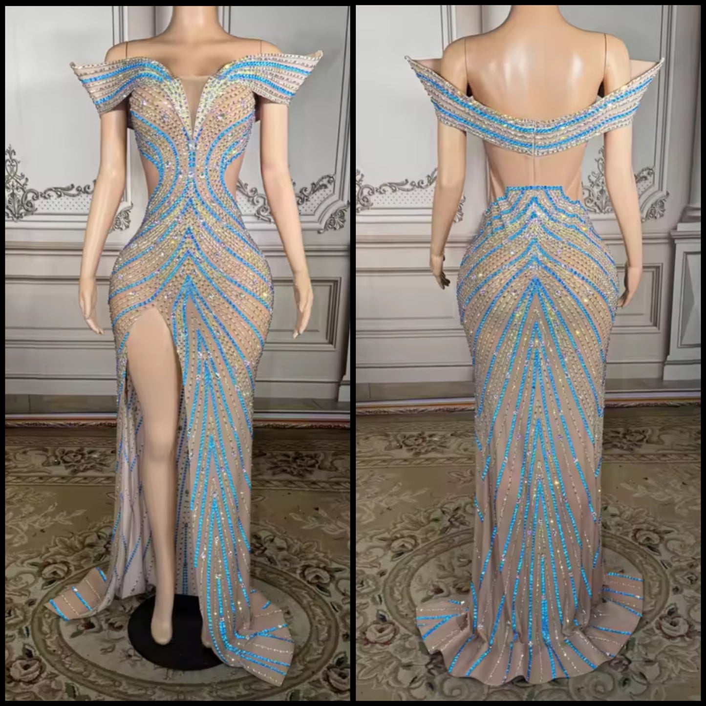 Elegant Multicolored Rhinestone Off The Shoulder Maxi Dress
