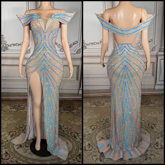 Elegant Multicolored Rhinestone Off The Shoulder Maxi Dress