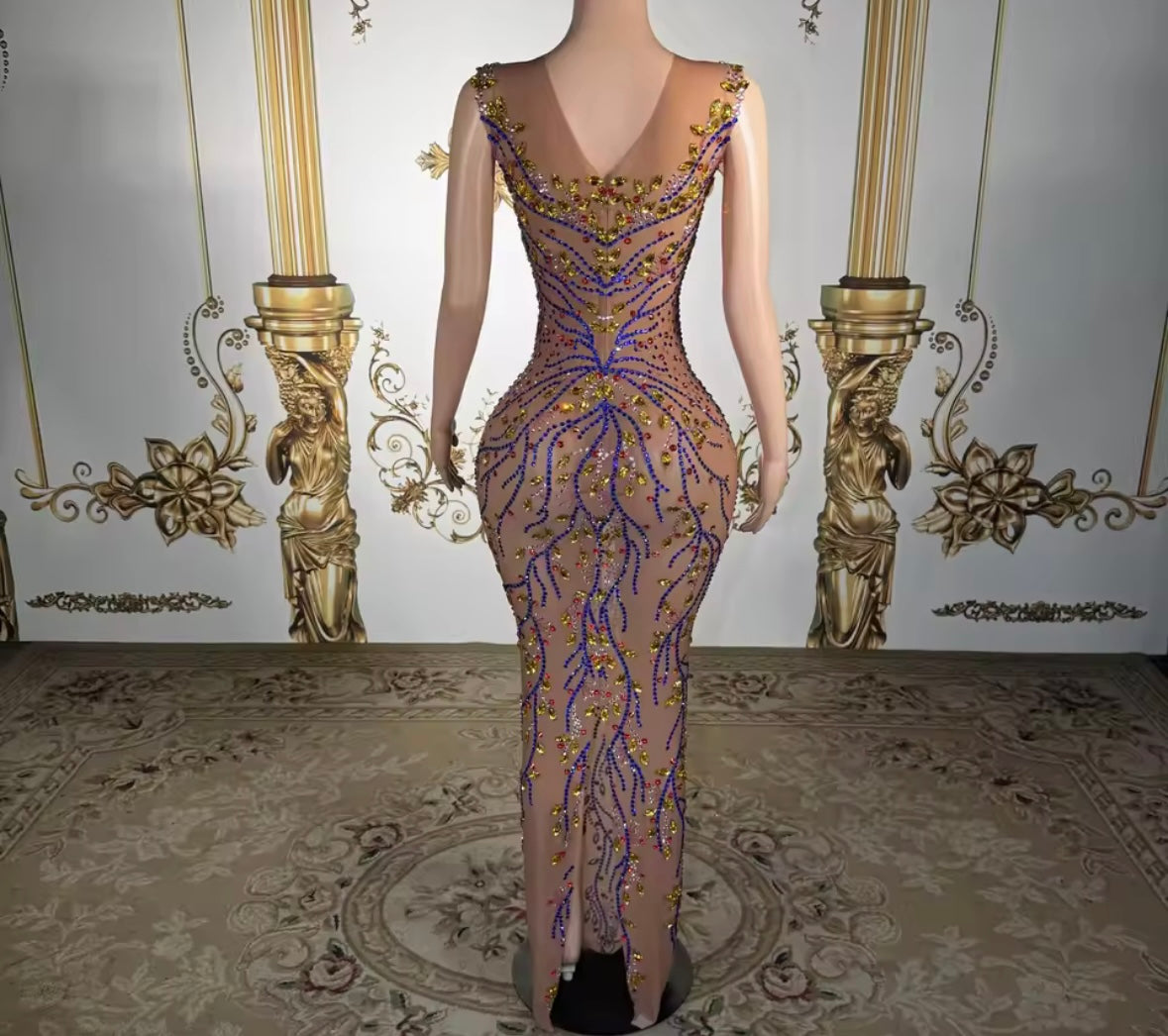 Sexy Sleeveless Multicolored Rhinestone Maxi Dress