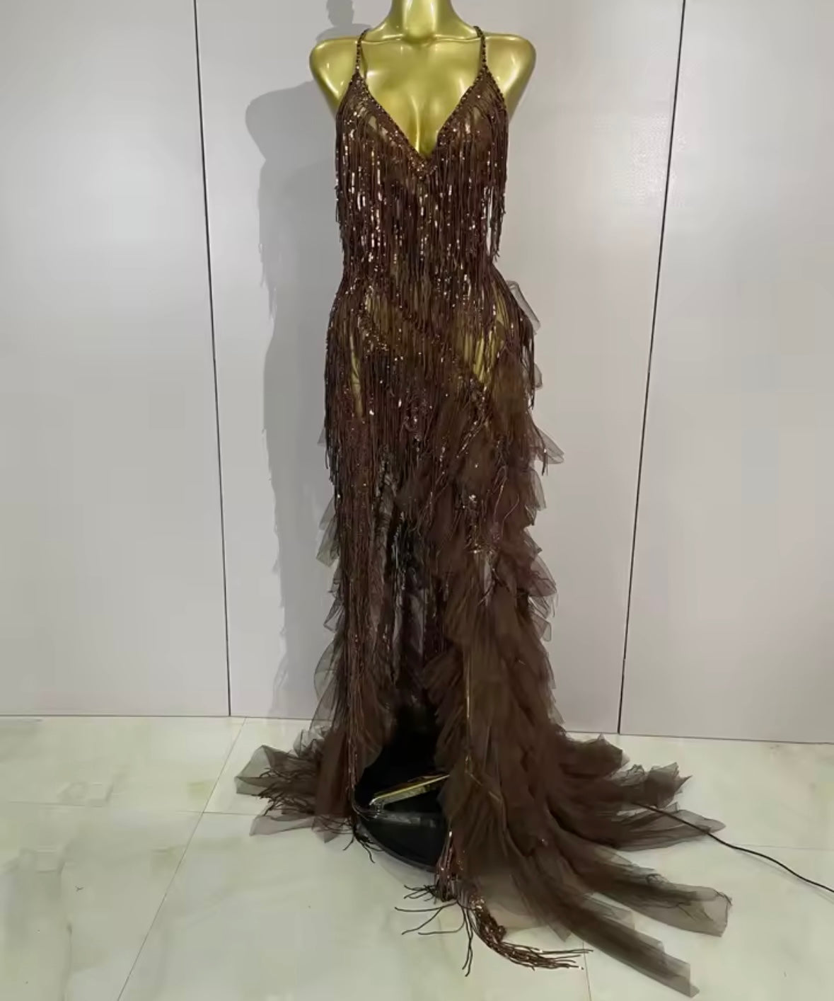 Sexy Sleeveless Open Back Fringe Tassel Rhinestone Maxi Dress