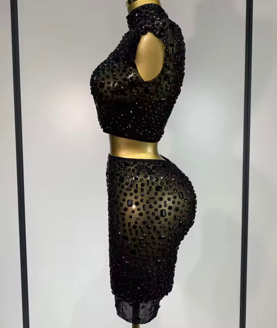 Sexy Sleeveless Crystal Crop Skirt Set