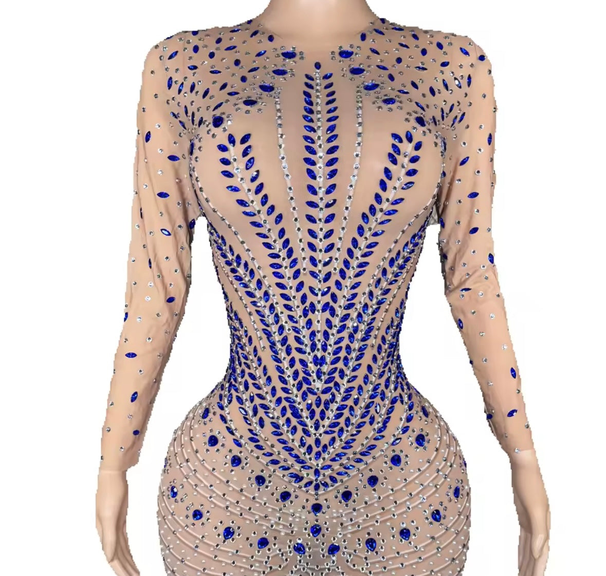 Blue Rhinestone Embellishment See Through Sexy Maxi Dress