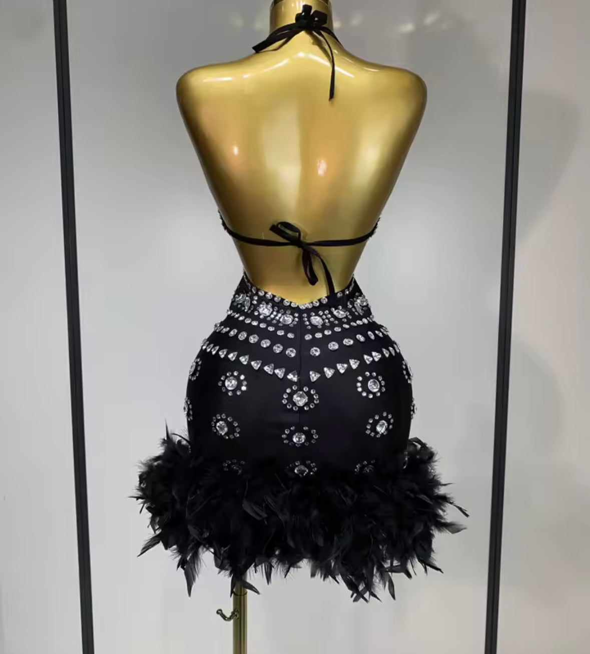 Sexy Sleeveless Rhinestone Cut Out Feather Dress
