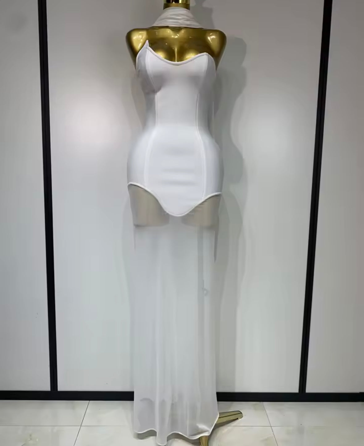 Scarf Strapless Mesh Patchwork Sexy Floor-Length Dress