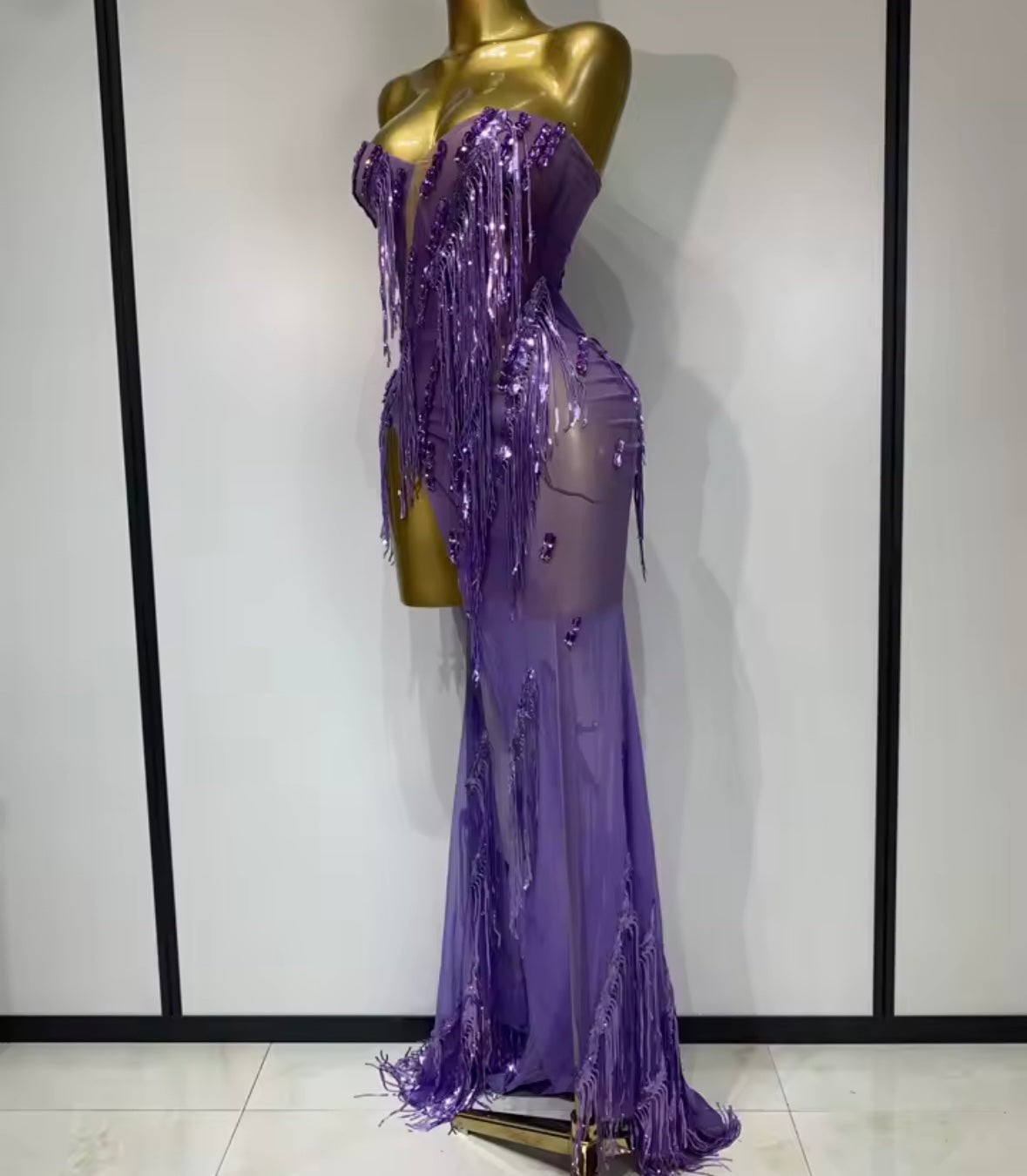 Purple Sexy Strapless Rhinestone Fringe Tassel Side Split Maxi Dress
