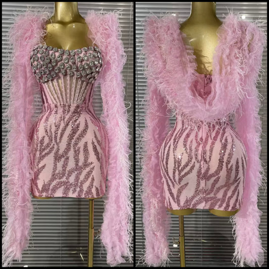 Pink Sexy Sleeveless Sequins Rhinestone Feather Dress