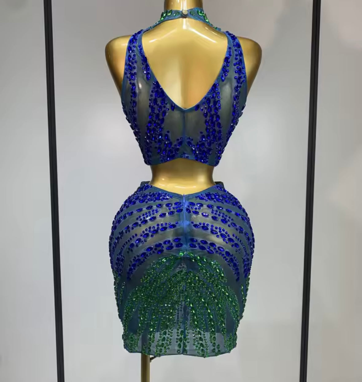 Sexy Sleeveless Gradient Rhinestone Skirt Set