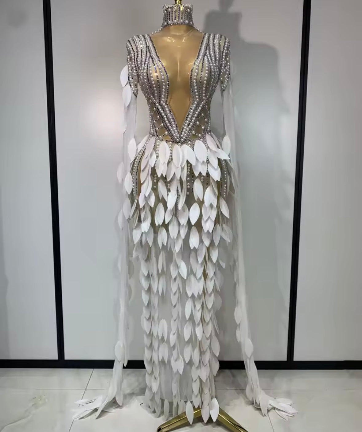 Sexy Pearl Rhinestone See Through Floor-Length Dress
