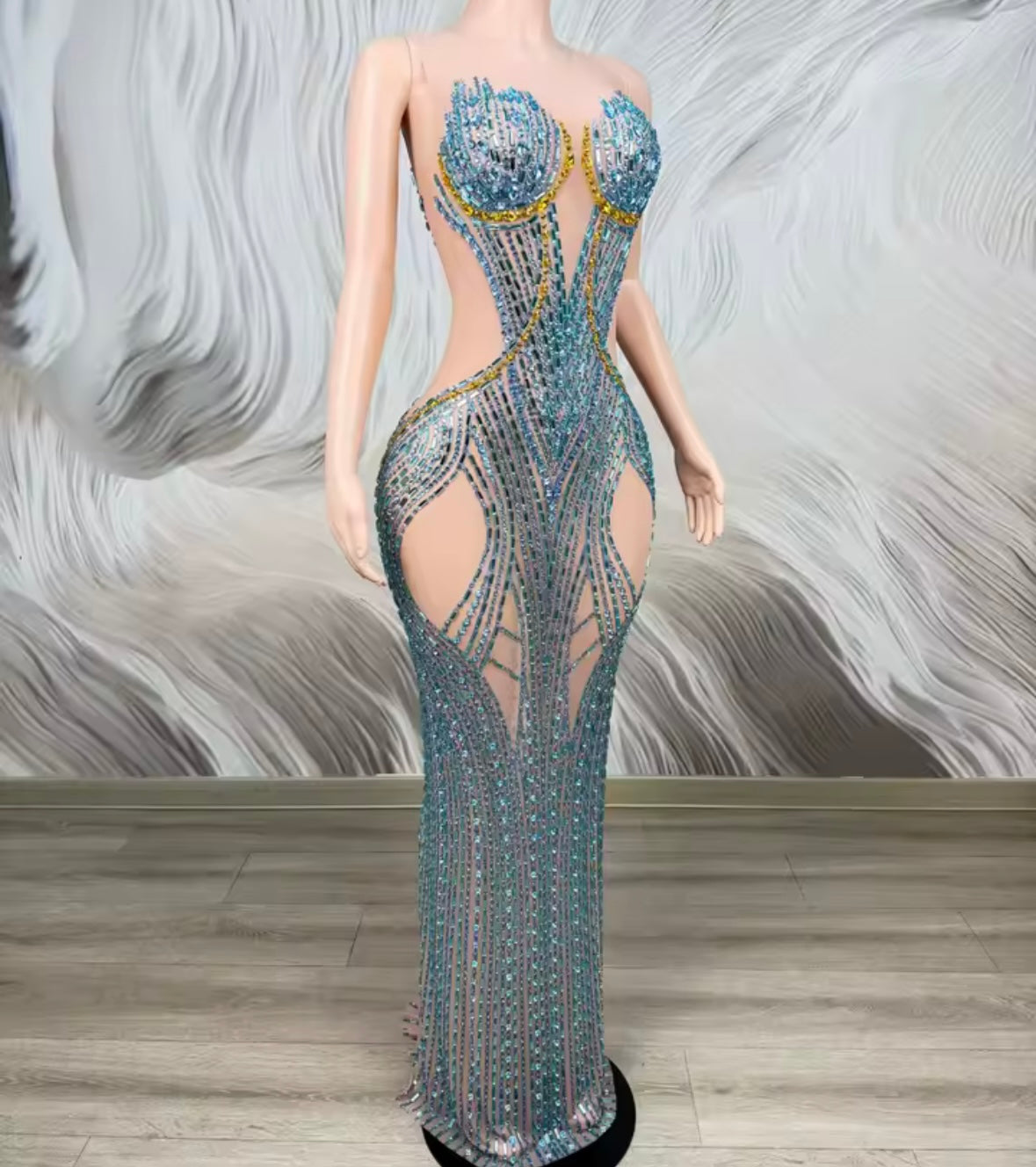 Sexy Sleeveless Color Rhinestone See Through Maxi Dress