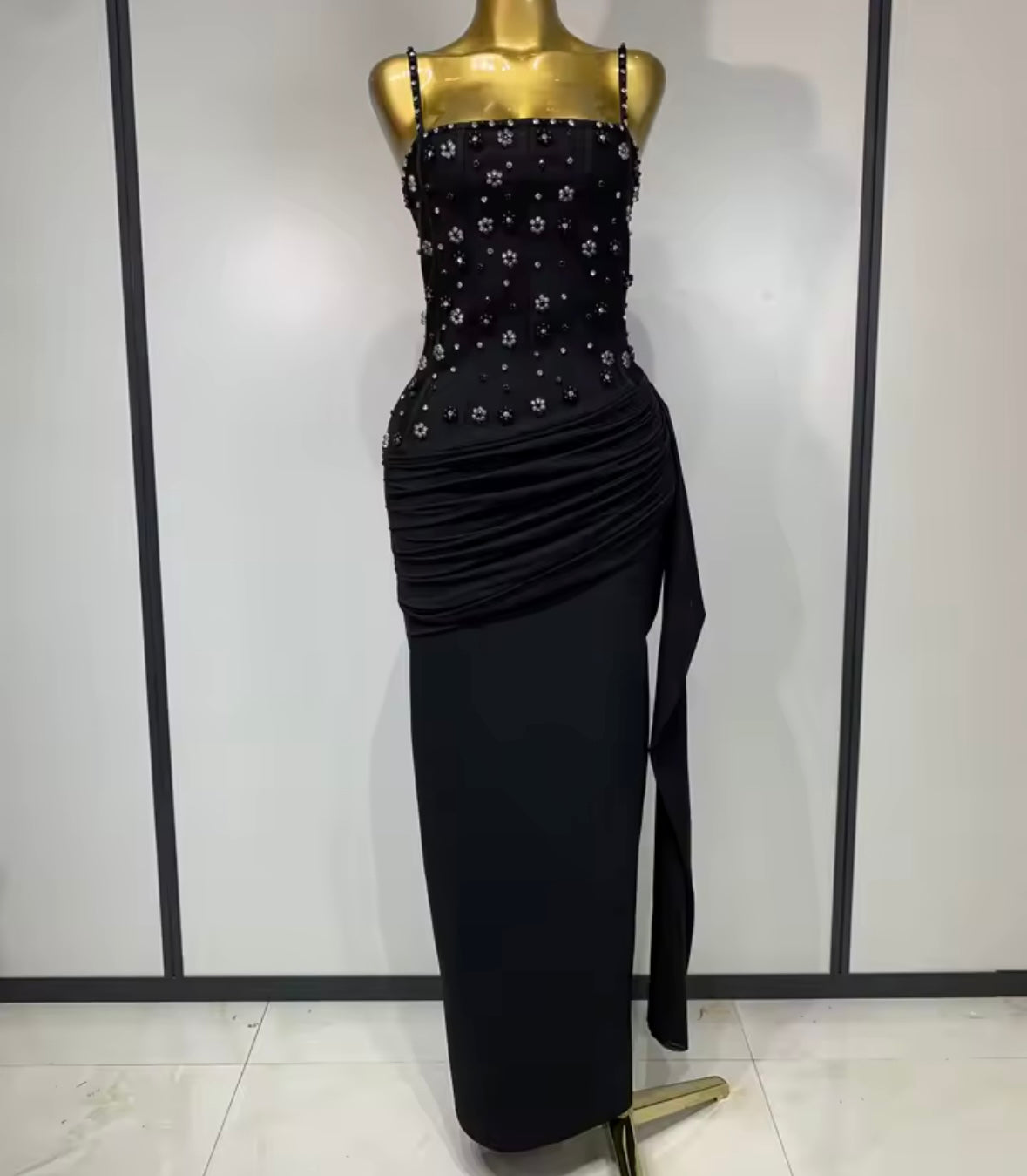 Black Sleeveless Floral Beaded Ruche Tassel Maxi Dress