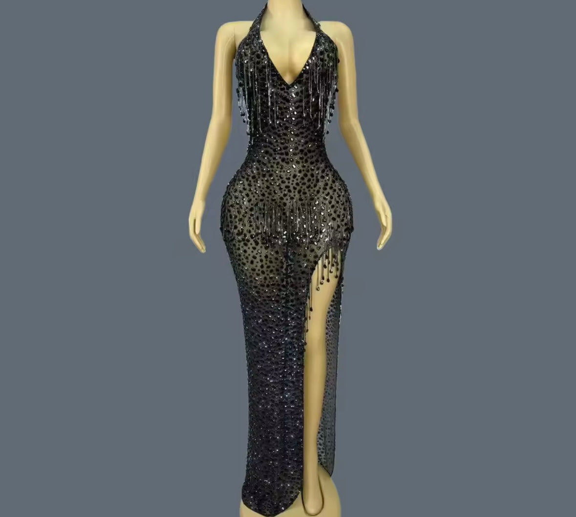 Sexy Sleeveless Rhinestone Tassel Side Split Maxi Dress
