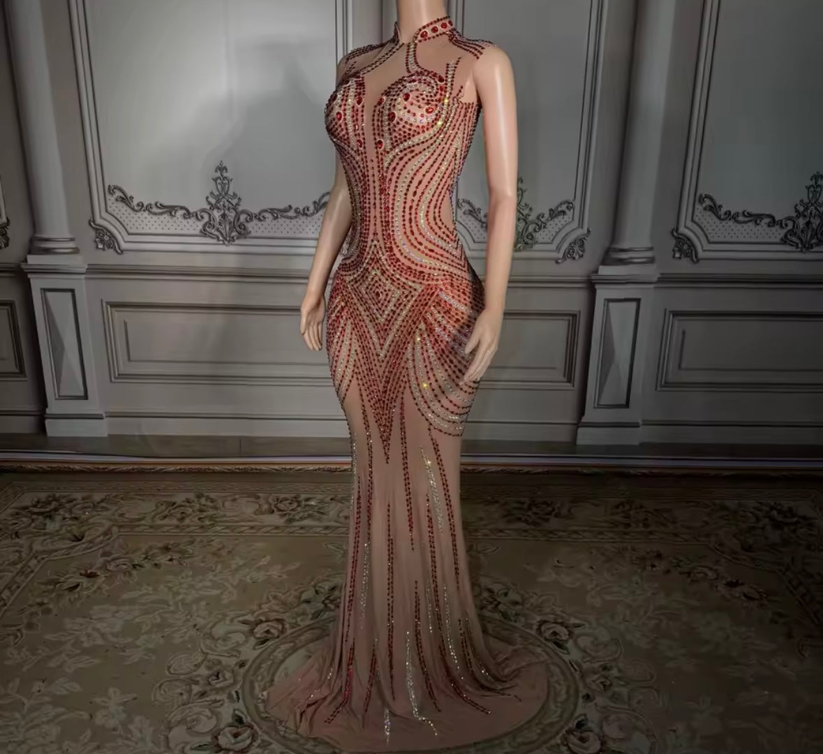 Sexy Sleeveless See Through Red Rhinestone Floor-Length Dress