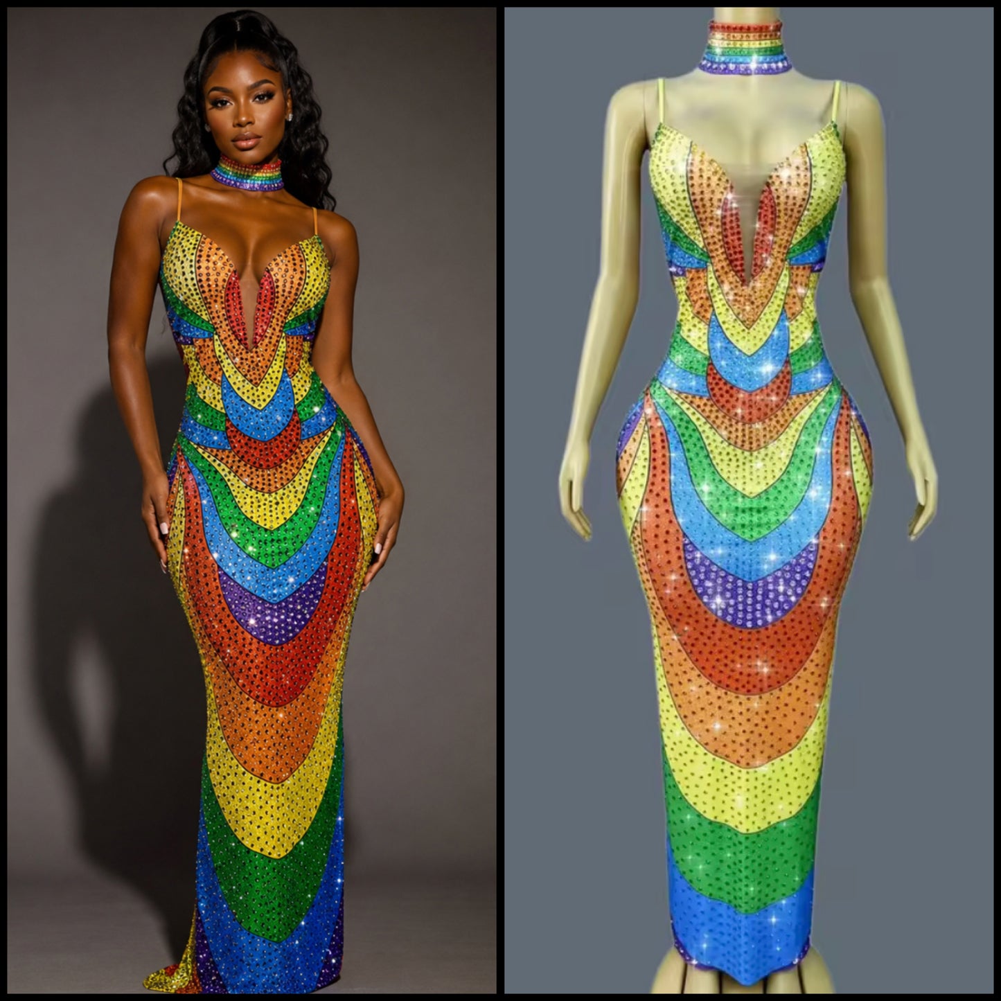 Sexy Choker Sleeveless Colorful Rhinestone Maxi Dress