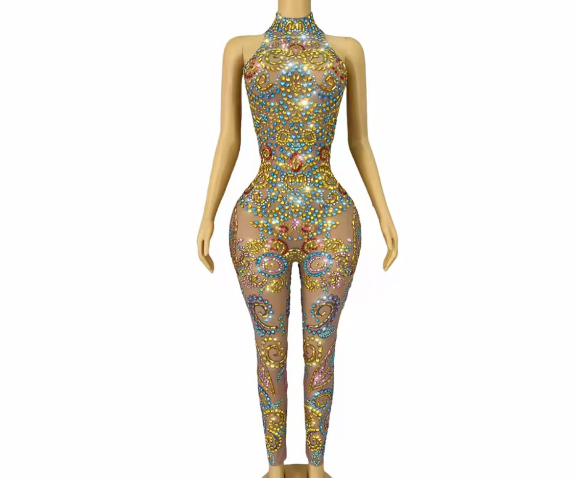 Sexy Sleeveless Colorful Rhinestone See Through Jumpsuit