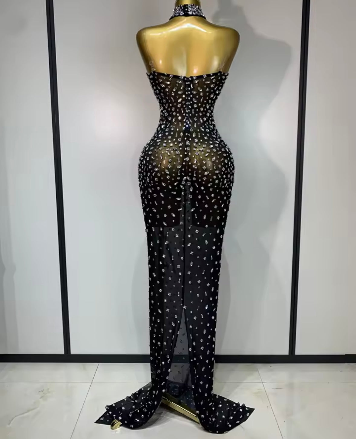 Sexy Black Strapless Choker Rhinestone Floor-Length Dress