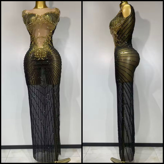 Sexy Sleeveless Rhinestone Embellishment Maxi Dress
