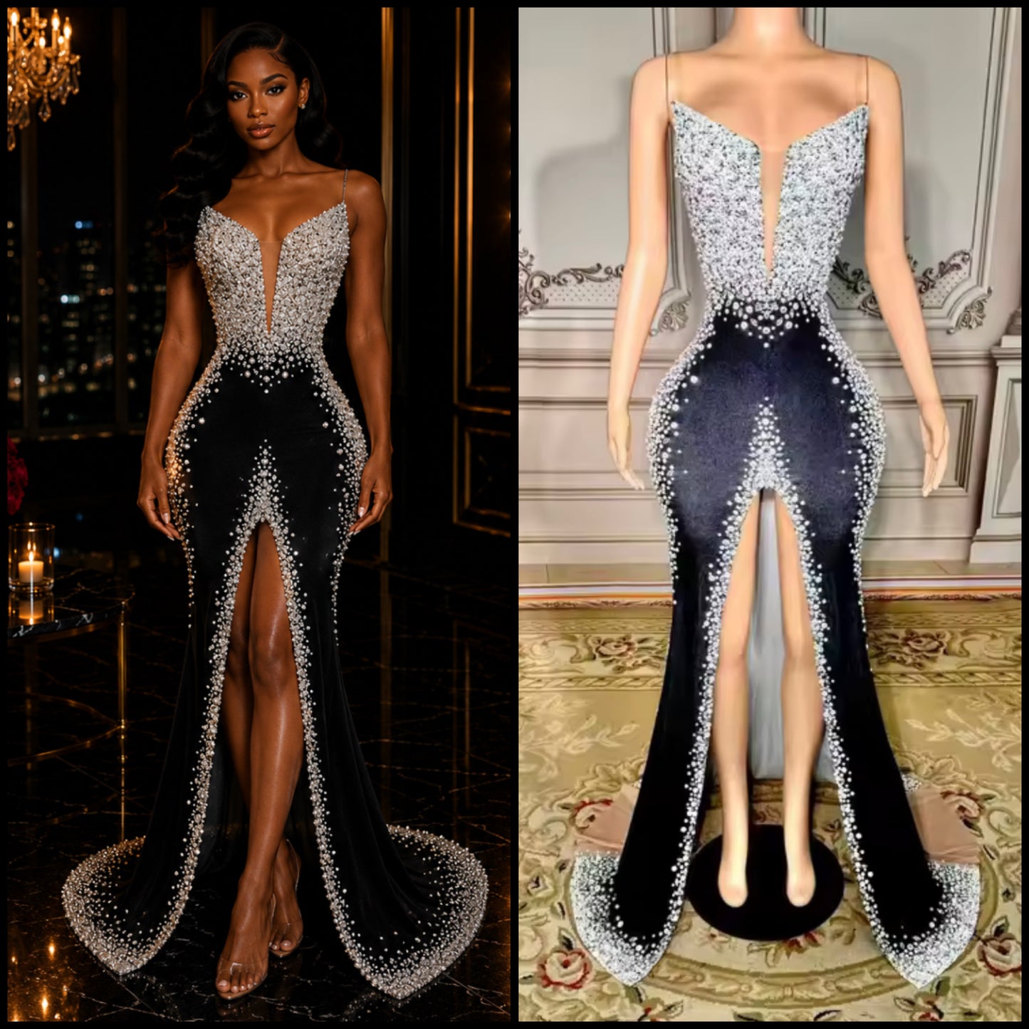Elegant Sleeveless Rhinestone Front Split Floor-Length Dress