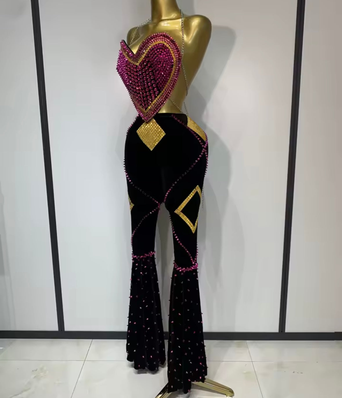 Chain Halter Sleeveless Heart Rhinestone Two Piece Pant Set