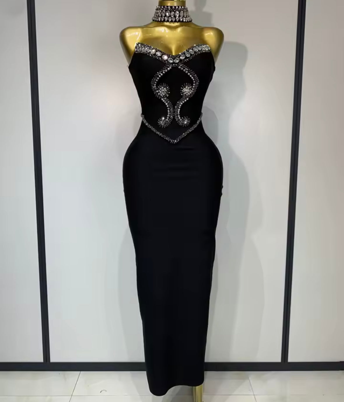 Rhinestone Choker Strapless Elegant Dress