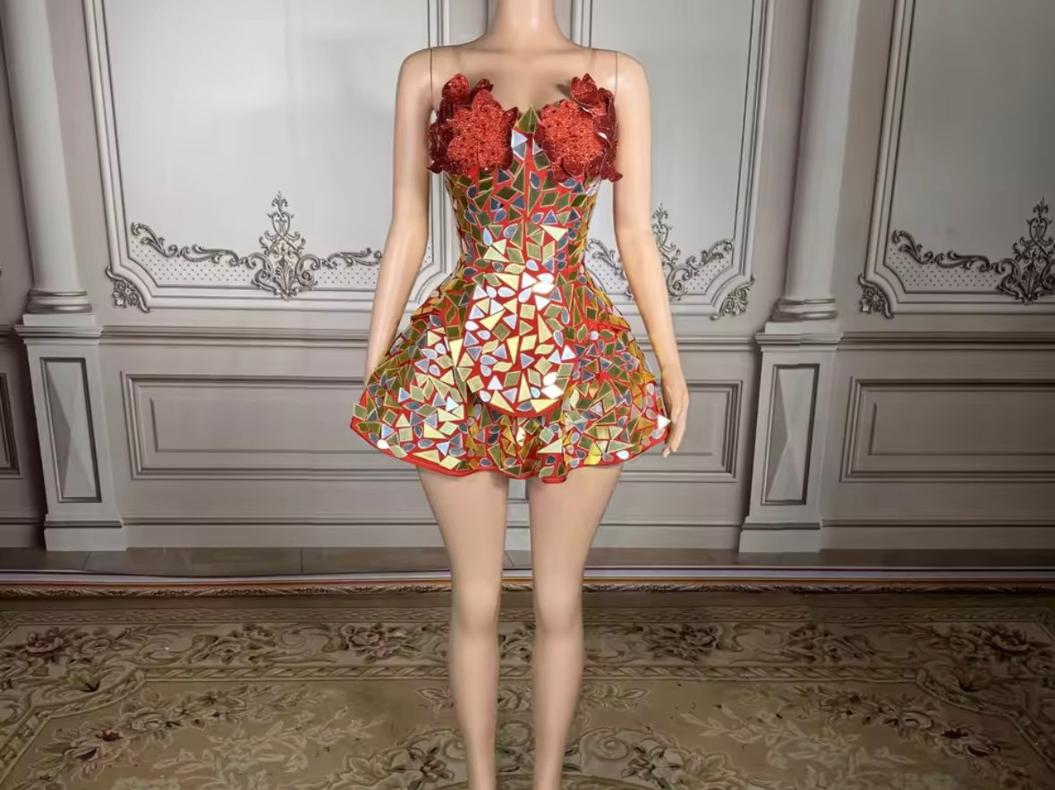 Sexy Sleeveless Floral Mirror Corset Dress
