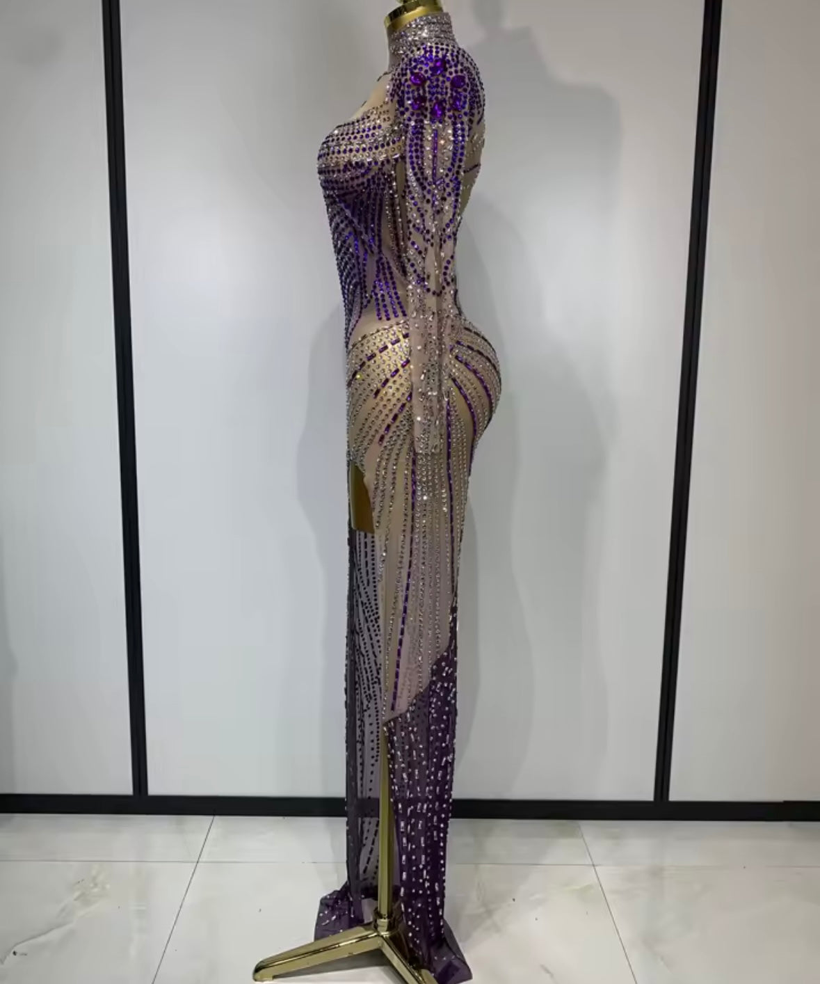 Sexy Color Rhinestone Full Sleeve Side Split Floor-Length Dress